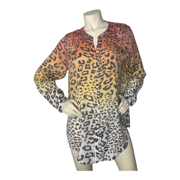 MULTIPLES Multicolor Ombre Leopard Animal Print Tie Front Linen Button Down Top - Picture 4 of 16